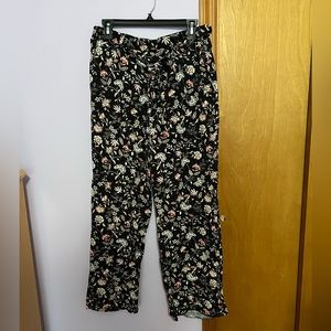 Old Navy Black Floral Pants with Flare Leg and Tie Waistband